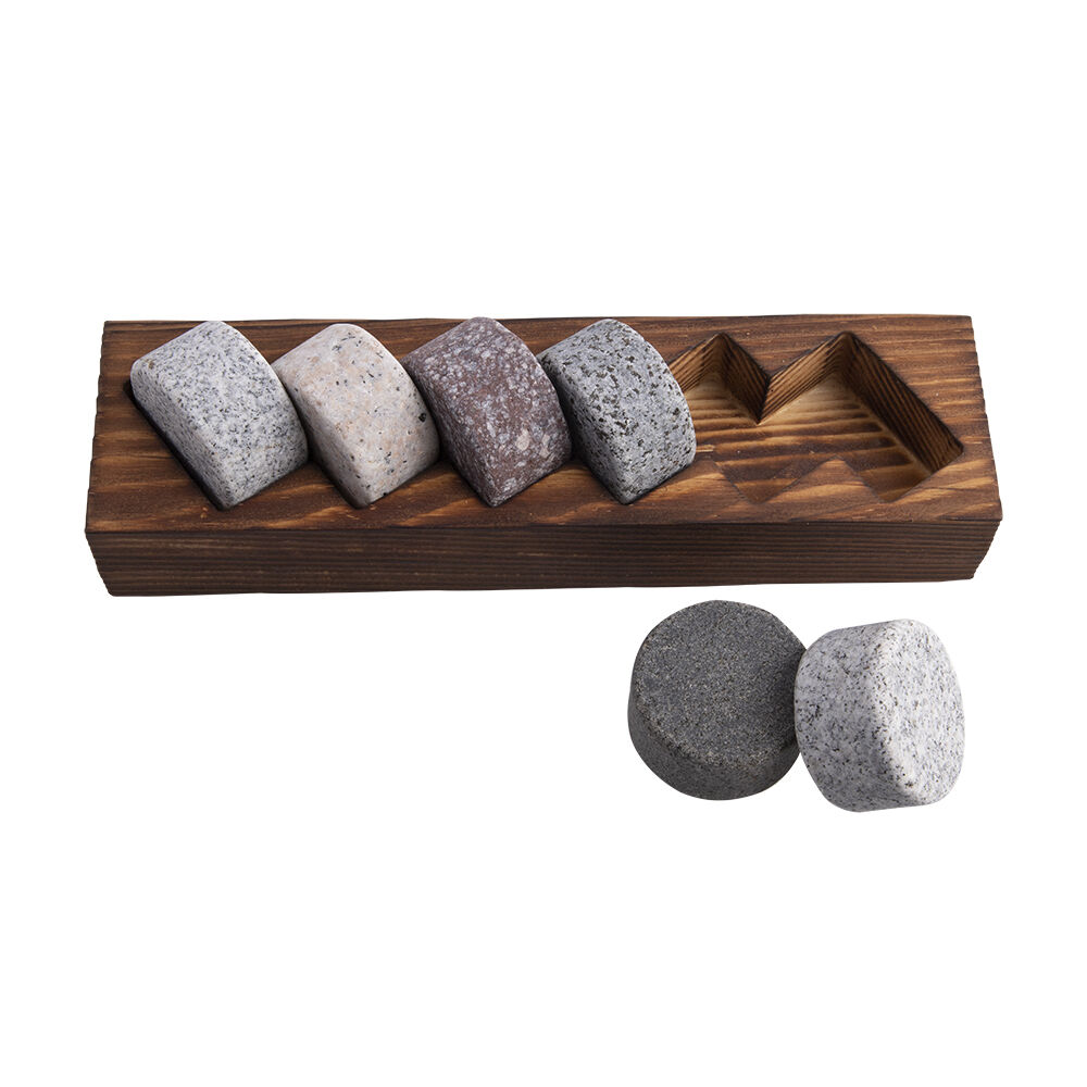 7042-2-6pc-bartender-granite-whisky-disc-set-w-wooden-base-tray