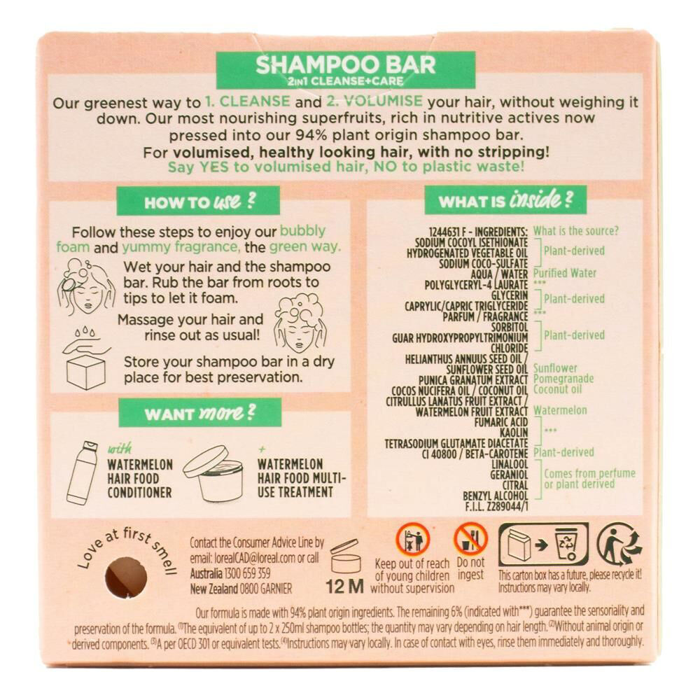 Garnier Fructis 60g Shampoo Bar Volumising 2in1 Cleanse Care Watermelon