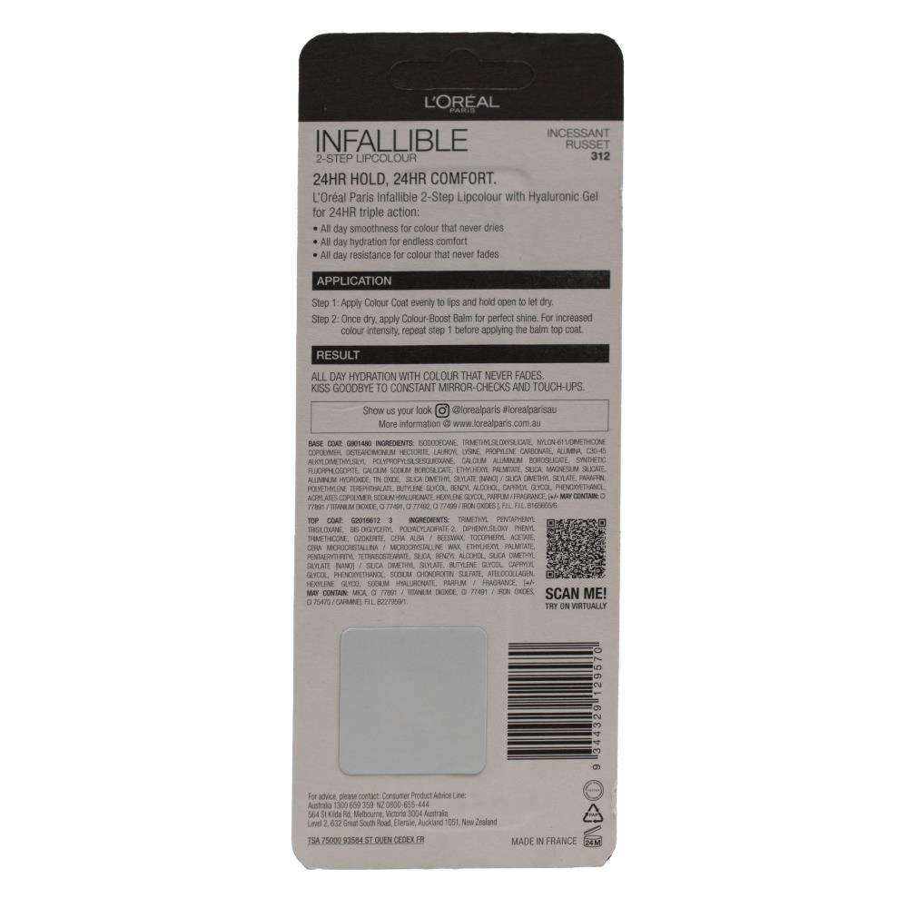 Loreal 5.7ml Lip Colour Infallible 2-Step Incessant Russet 312