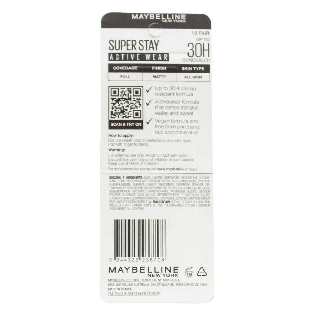 Maybelline Super Stay Active Wear 10ml Liquid Concealer Carded - 10 Fair