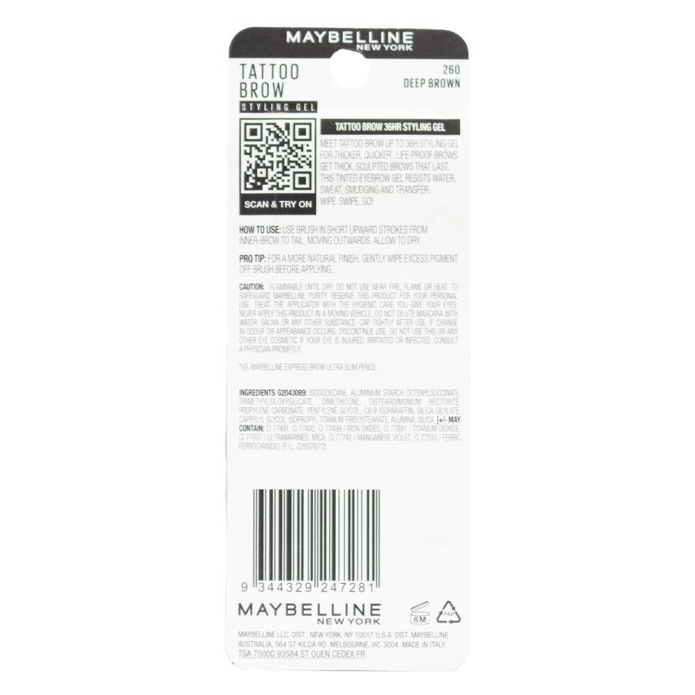 Maybelline 6ml Tattoo Brow 36H Styling Gel Carded - 260 Deep Brown