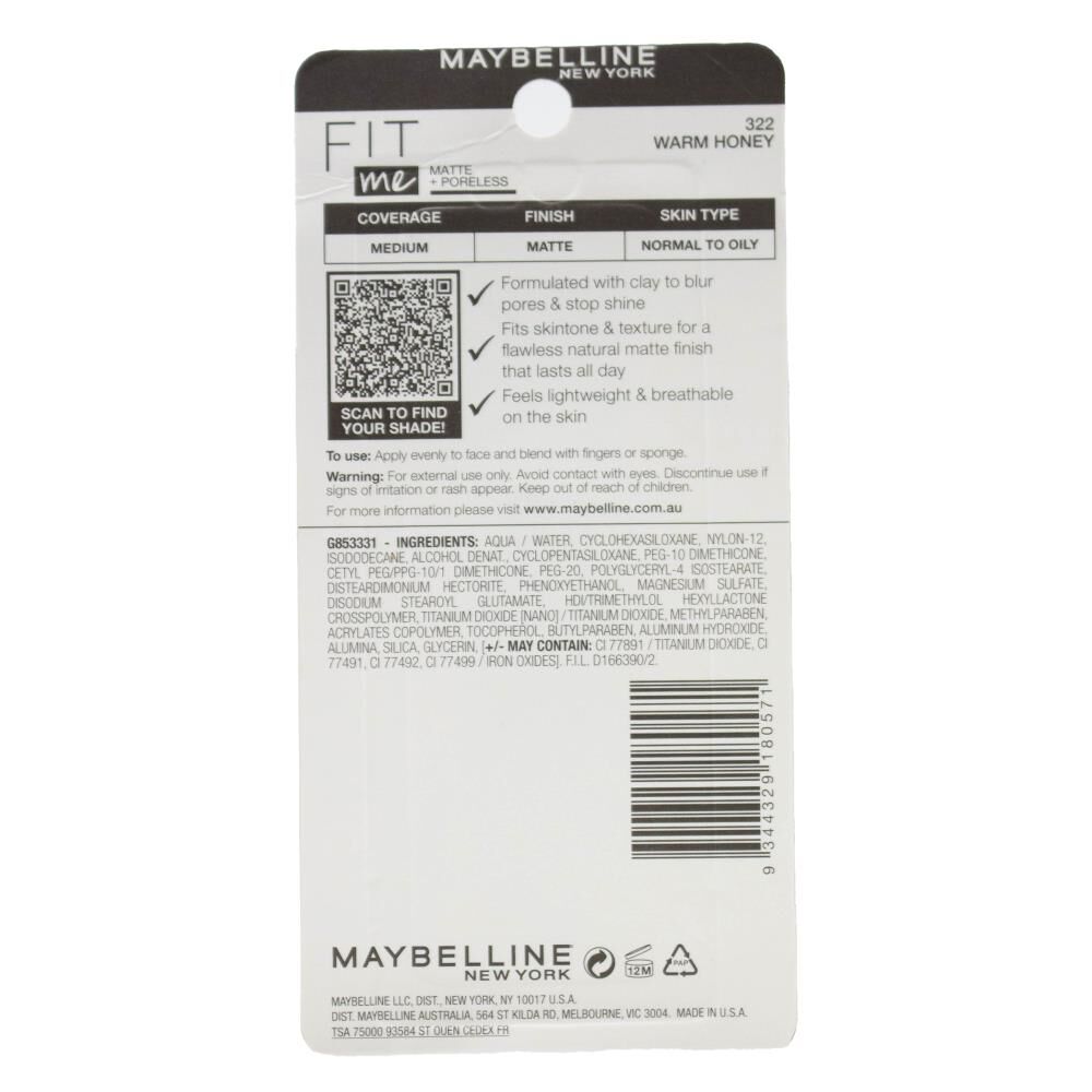 Maybelline 30ml Fit Me Matte + Poreless Foundation Carded - 322 Warm Honey