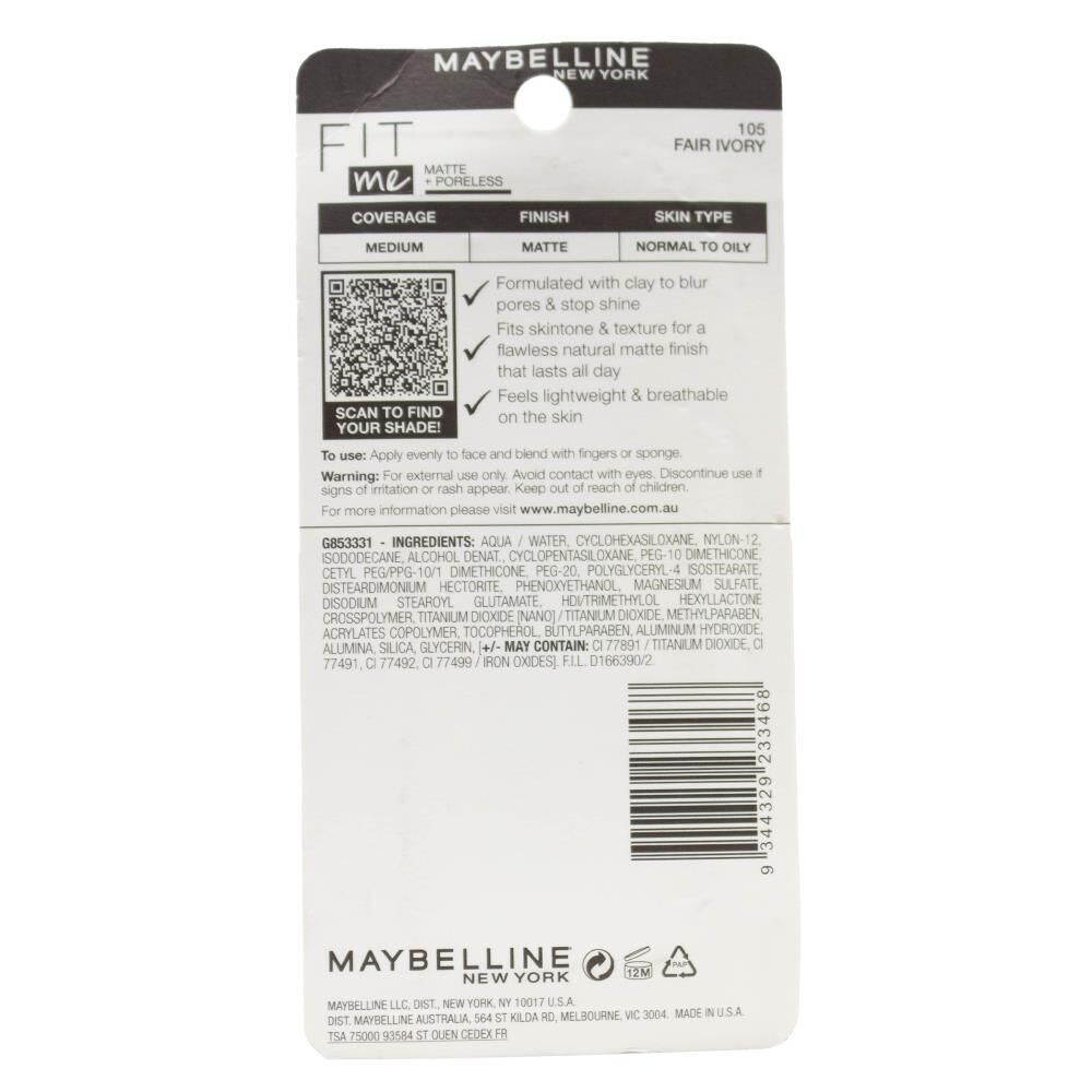 Maybelline 30ml Fit Me Matte + Poreless Foundation Carded - 105 Fair Ivory