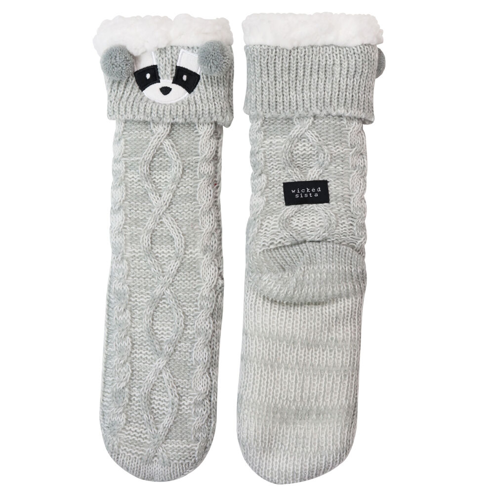 508853-wicked-sista-animal-slipper-socks-raccoon-cuff-one-size-grey