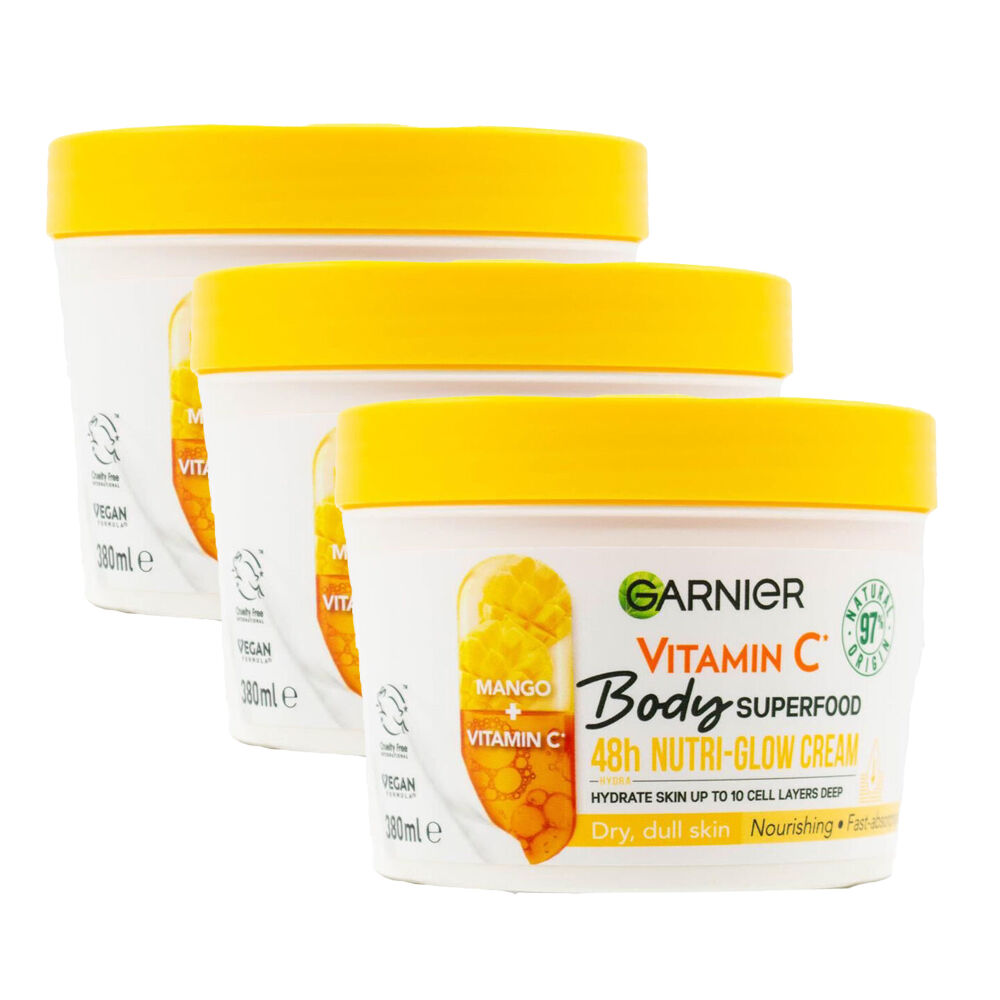 Garnier Body Superfood Nutri-Glow Cream Moisturiser 380ml Mango & Vitamin C (3 Pack)