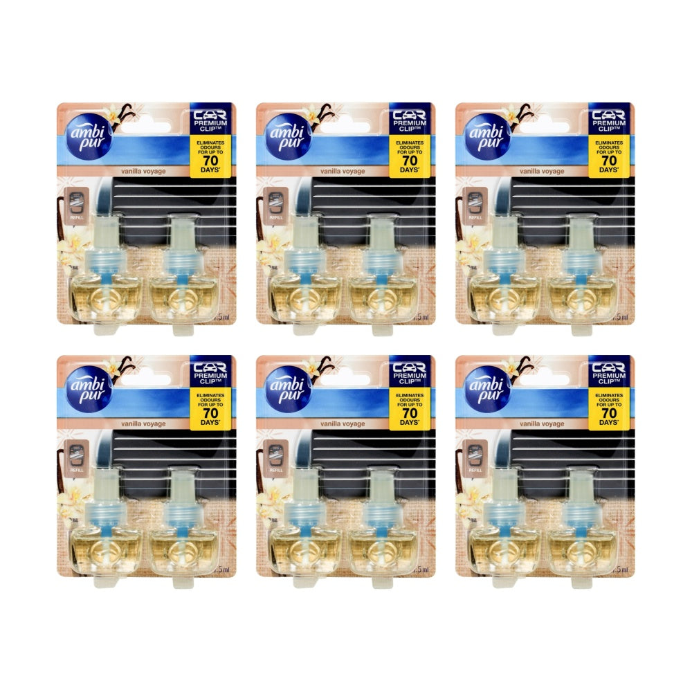 Ambi Pur Car Air Freshener Set w/ Premium Clip Vanilla Voyage 7.5mL (6 Pack of 2)