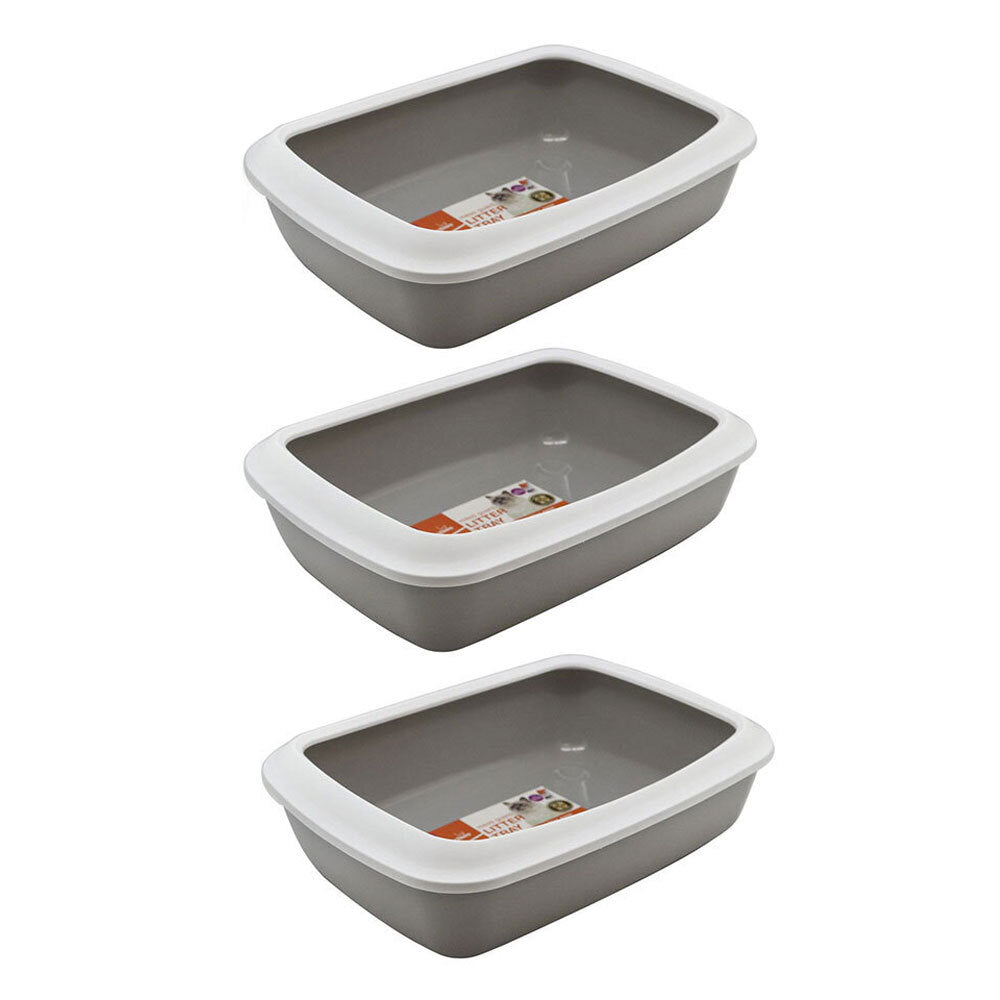 Paws and Claws 42cm x 13cm Pets/Cat/Kitten Litter Tray w/ Mess Guard White/Grey (3 Pack)