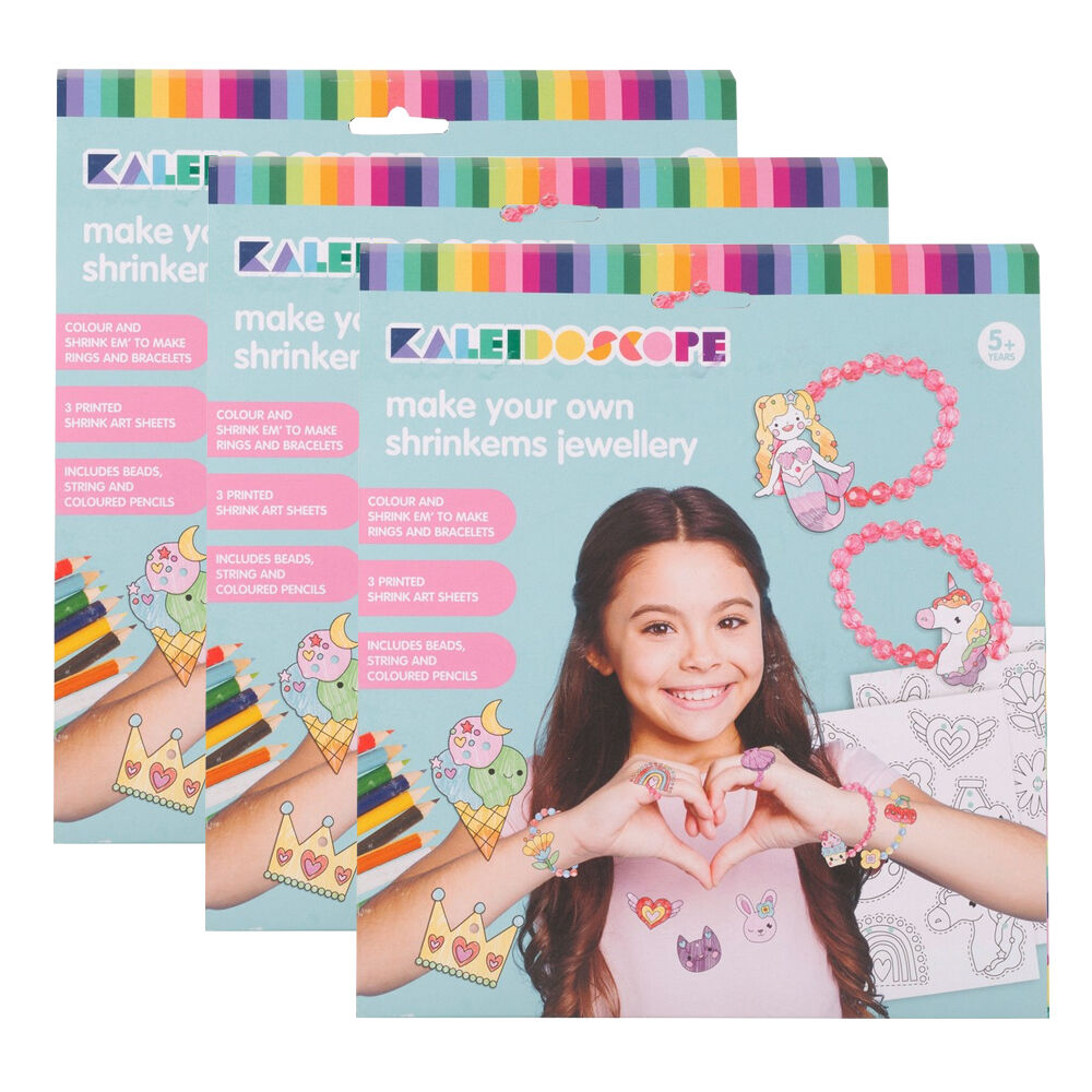 Kaleidoscope Make Your Own Shrinkems Rings & Bracelet Kids Art Craft Kit 5+ (3 Pack)