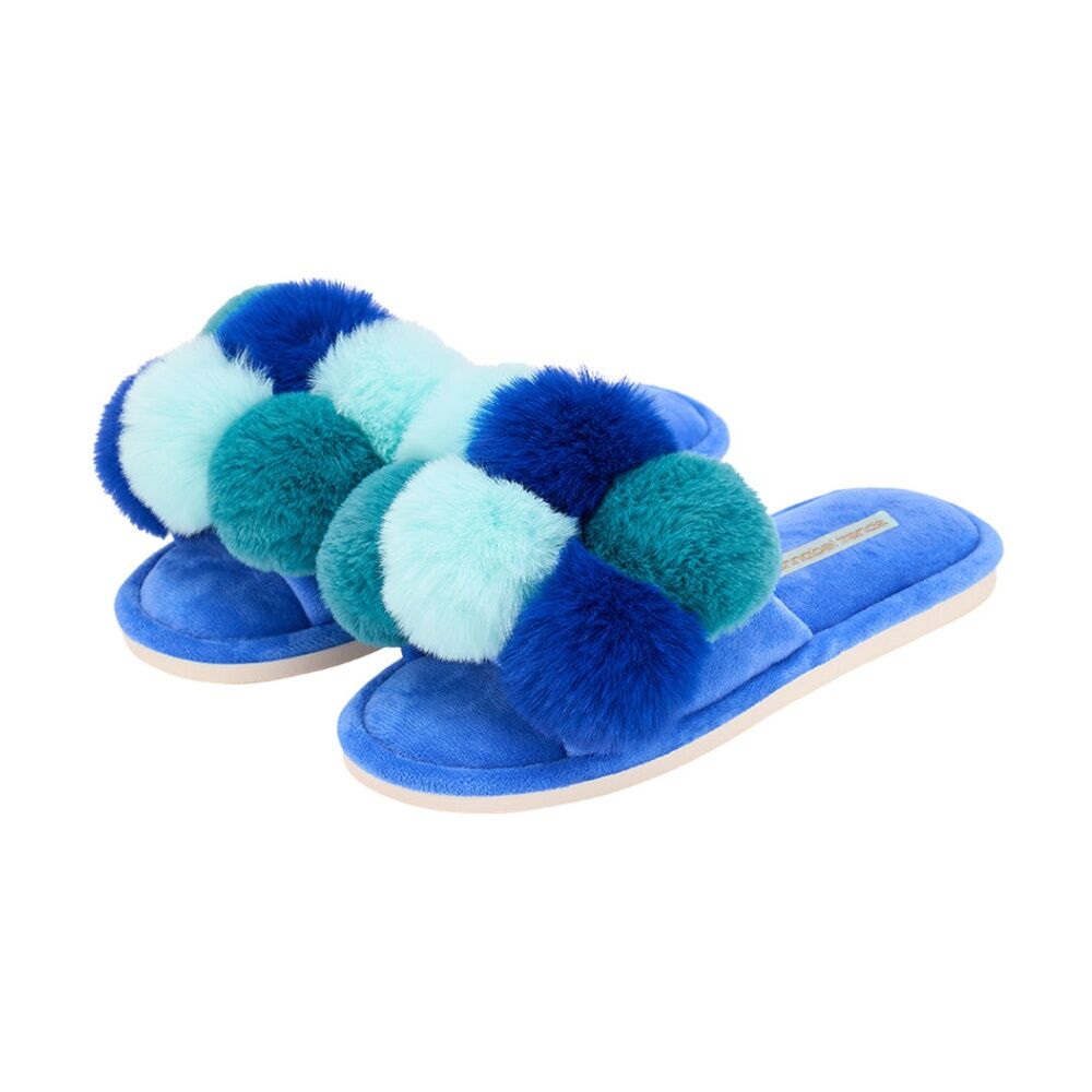 Annabel Trends S/M Multi Blue Pom Pom Cosy Luxe Thongs Women's Slippers Shoes