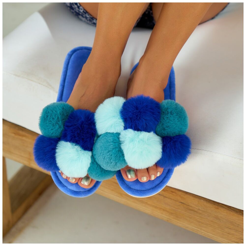 Annabel Trends S/M Multi Blue Pom Pom Cosy Luxe Thongs Women's Slippers Shoes — image 5
