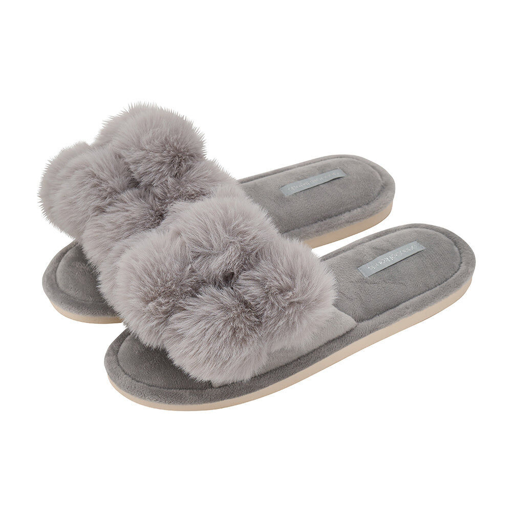 Annabel Trends Cosy Luxe Pom-Pom Bedroom Slip-On Slippers Grey