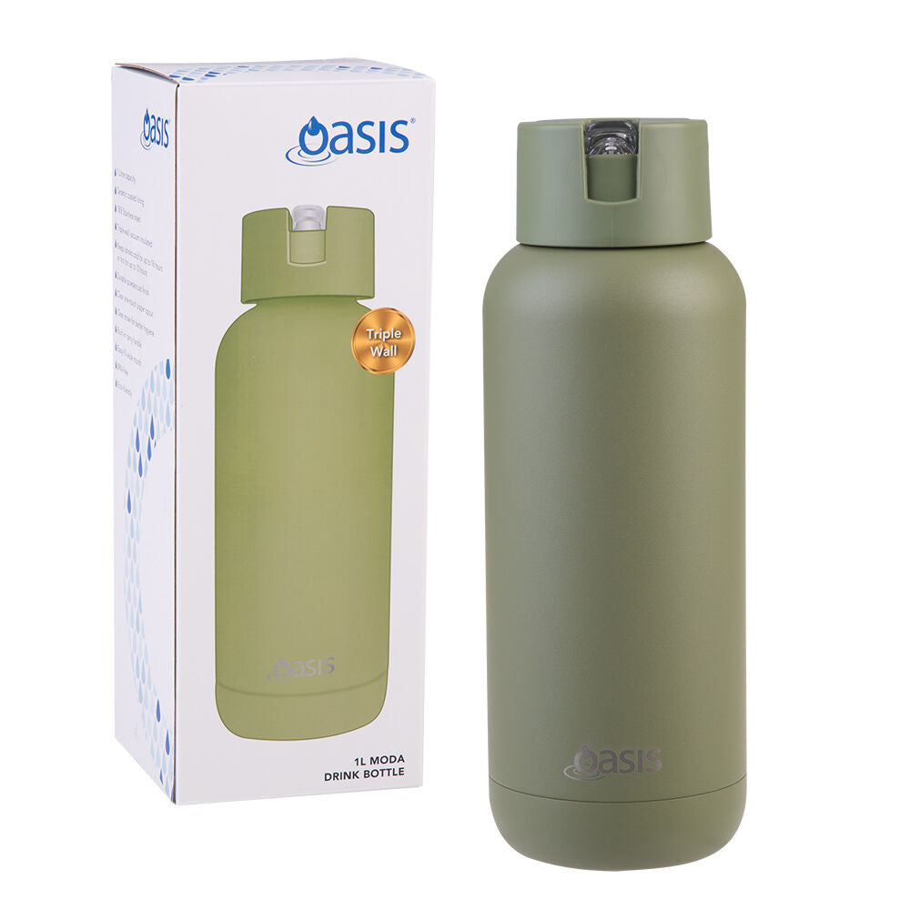 Oasis 1L Olive Green Ceramic Lined Stainless Steel Insulated Moda Drink Bottle