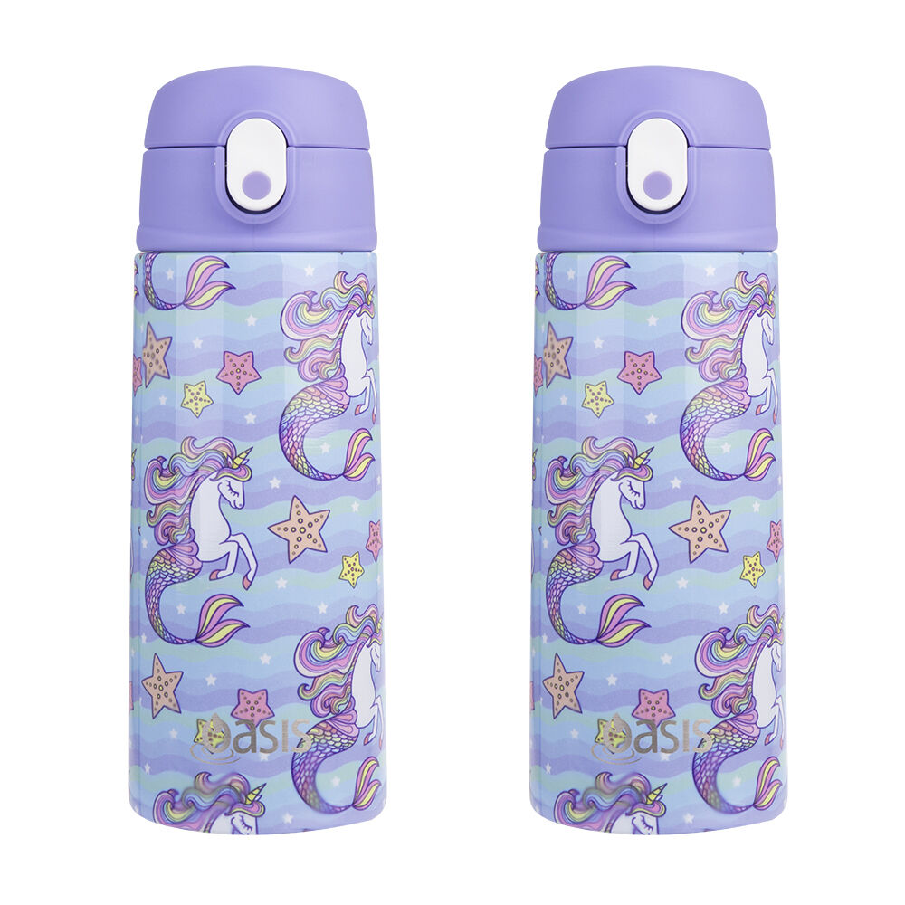 Oasis Stainless Steel Kids Drink Bottle w/Straw 550ml Mermaid Unicorns (2 Pack)