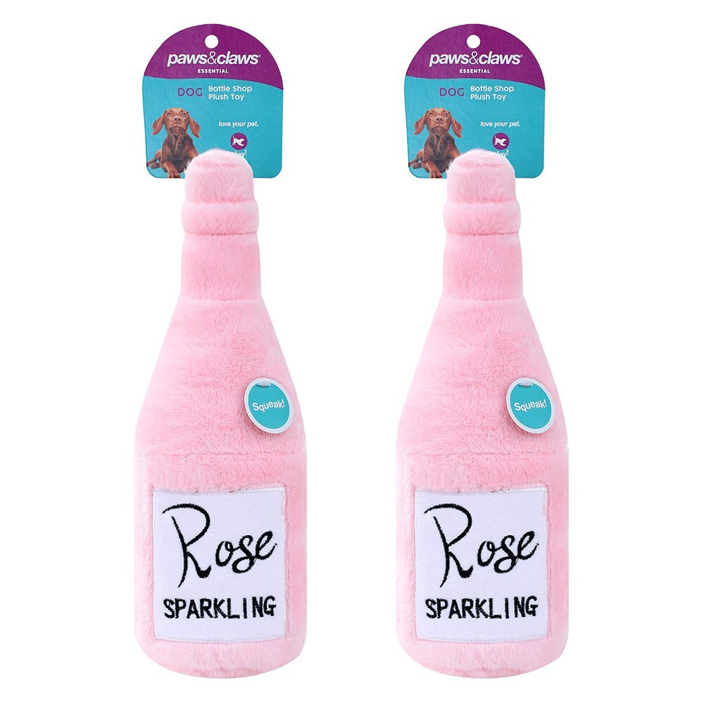 Paws and Claws Pet/Dog 31x10cm Rose Bottle Shop Soft Plush w/ Squeaker Toy Pink (2 Pack)