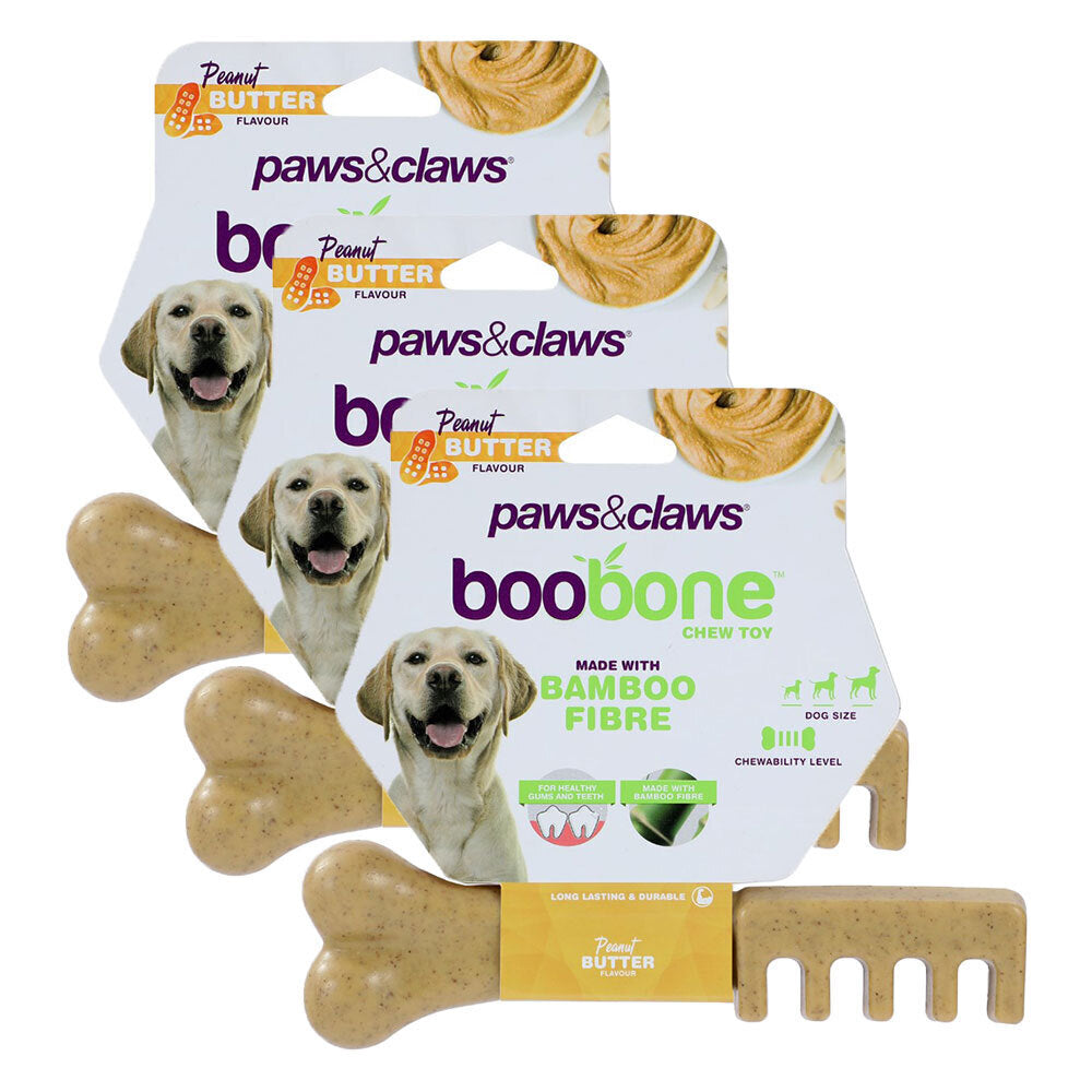 Paws and Claws 18.5cm Boobone Bamboo Toothbrush/Chew Toy Peanut Butter Pet/Dog (3 Pack)
