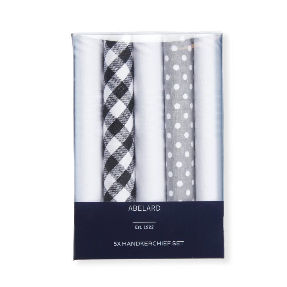 Abelard Classic Mens Fashion Cotton Hankerchief/Hanky Set Washable (5 Pieces) — Grey