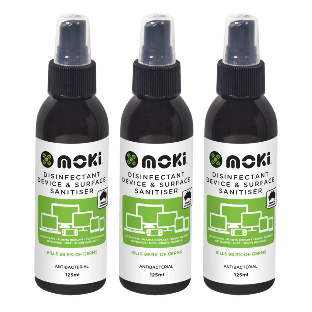 Moki Disinfectant Device Mobile Phone Surface Sanitiser Screen Cleaner 125ml (3 Pack)