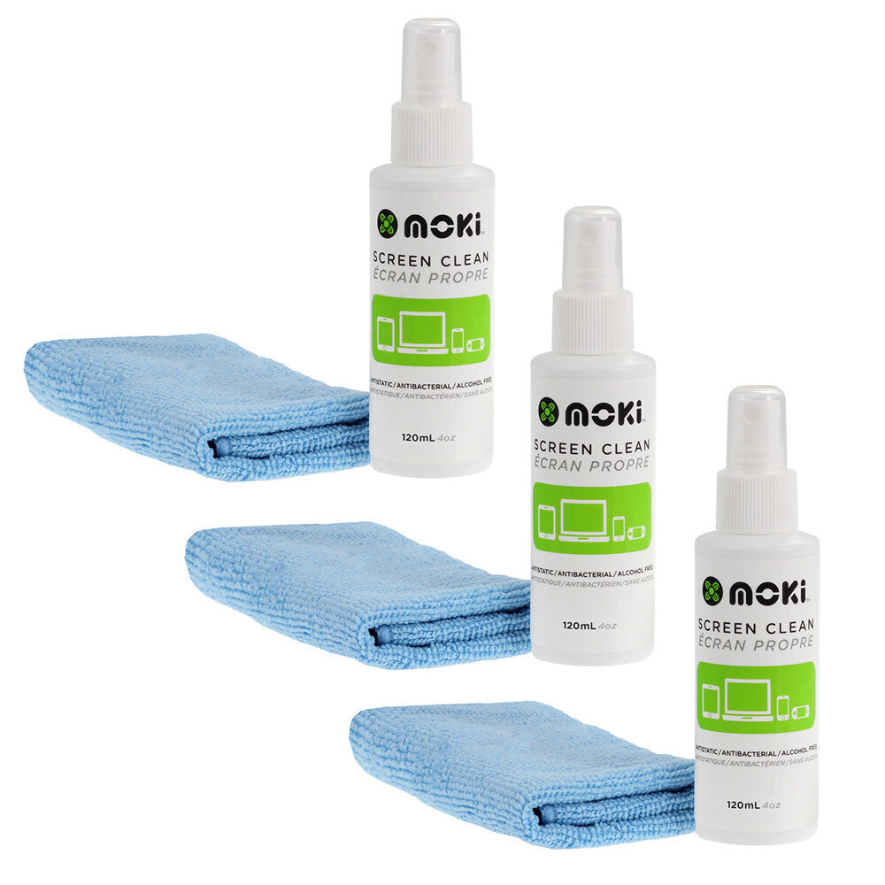 Moki Screen Clean 120ml Cleaning Spray w/ Microfibre Cloth for LCD/TV/Phone (3 Pack)