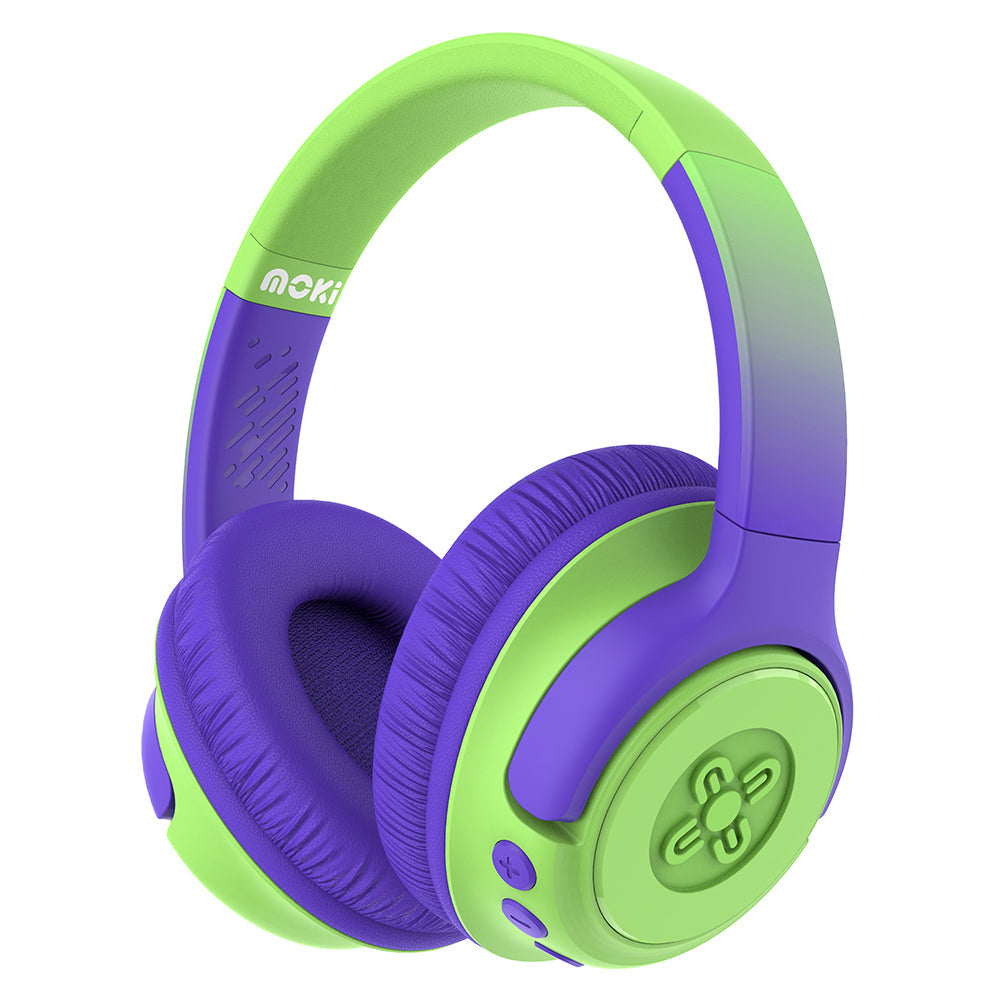 Moki Mixi Kids Volume Limited Wireless/Bluetooth 3.5mm Headphones — Green Purple