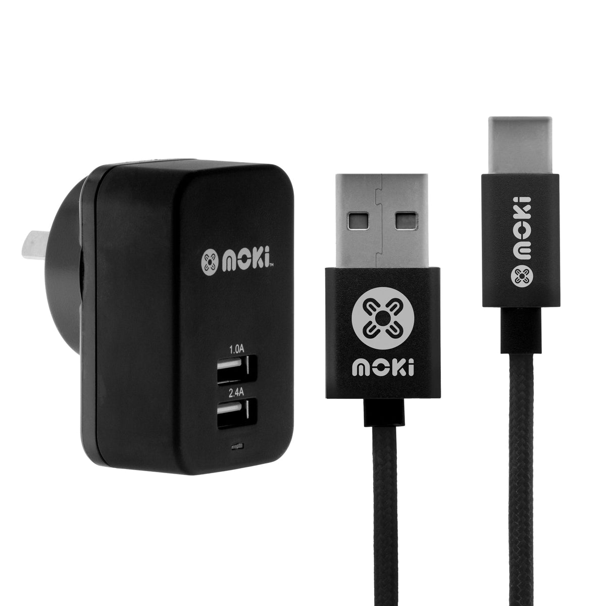 Moki Braided Type-C SynCharge Cable & Wall Charger Dual USB 17W 3.4A