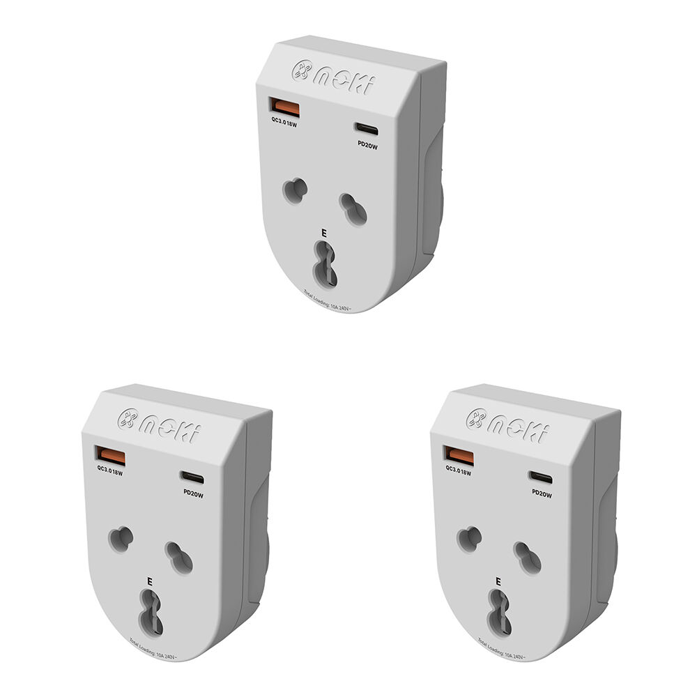 Moki Travel Adaptor Plus Inbound India to AU/NZ with Type-C and USB-A (3 Pack)