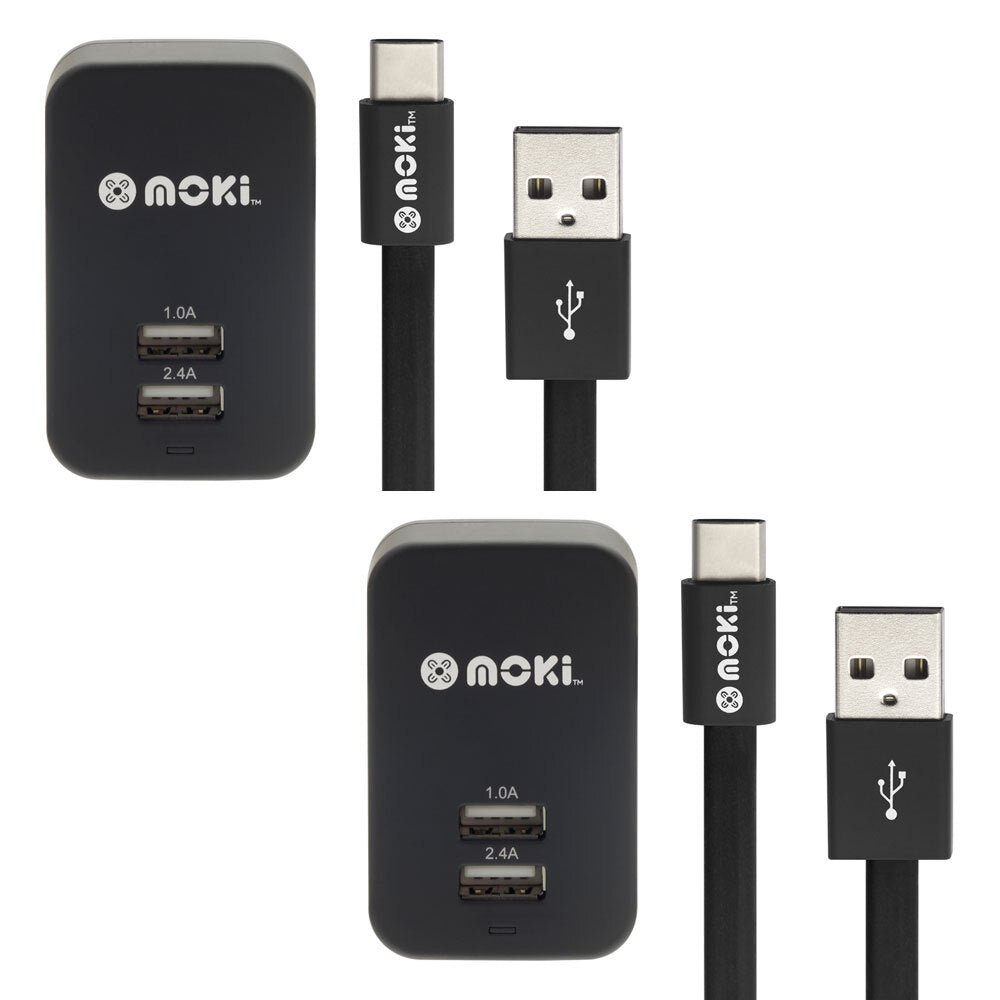 Moki USB Wall Charger Adapter w/ Type-C Syncharge Cable for Samsung/LG Black (2 Pack)