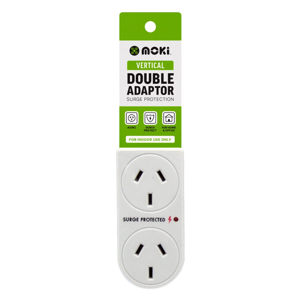Moki Vertical Double Power Outlet Adaptor w/ Surge Protection Plug White (3 Pack) — image 2