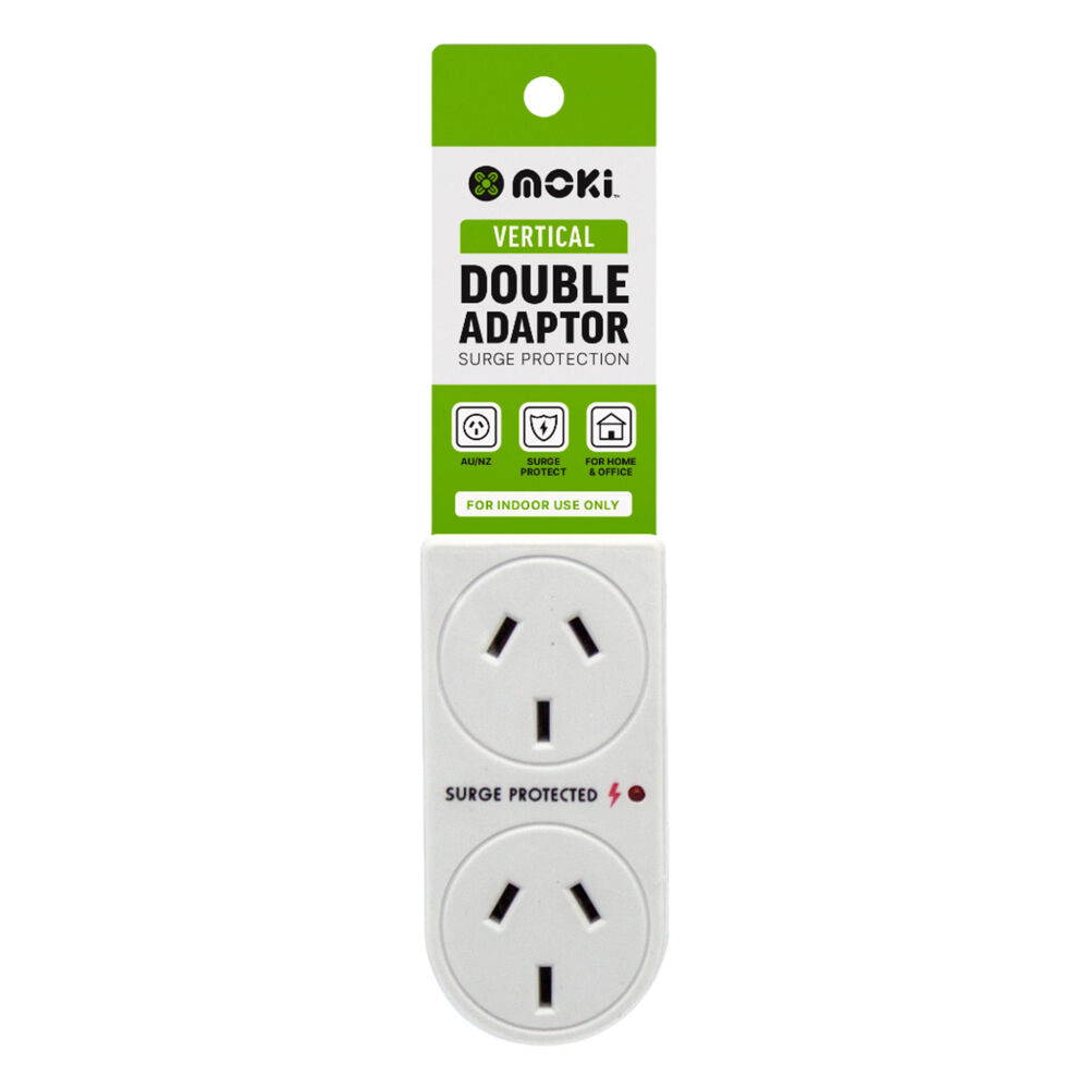 Moki Vertical Double Power Outlet Adaptor w/ Surge Protection Plug White (6 Pack) — image 2