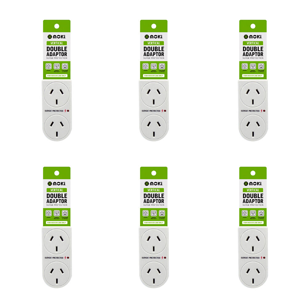 Moki Vertical Double Power Outlet Adaptor w/ Surge Protection Plug White (6 Pack)