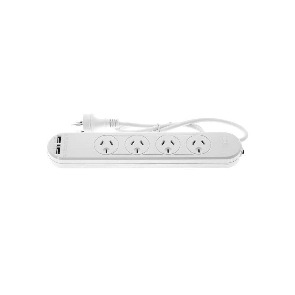 Moki 4 Socket Electrical Powerboard w/ 2 USB-A Port Extension Cord White