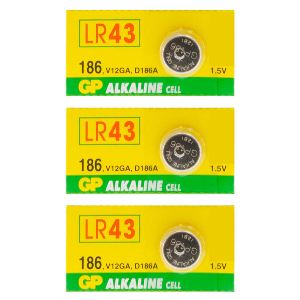 GP LR43/A86 Alkaline 70MAH 1.5V Battery Button Cell/Coin f/Hearing Aids/Toys (3 Pieces)