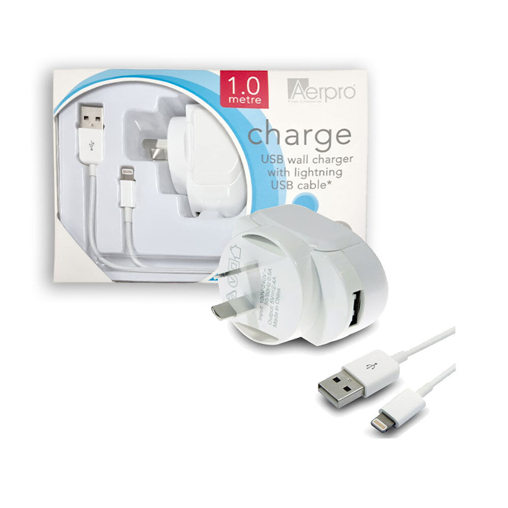 Aerpro 2.4A AC USB Wall Charger w/1m Lightning MFI-Certified Cable for iPhone WH — image 2