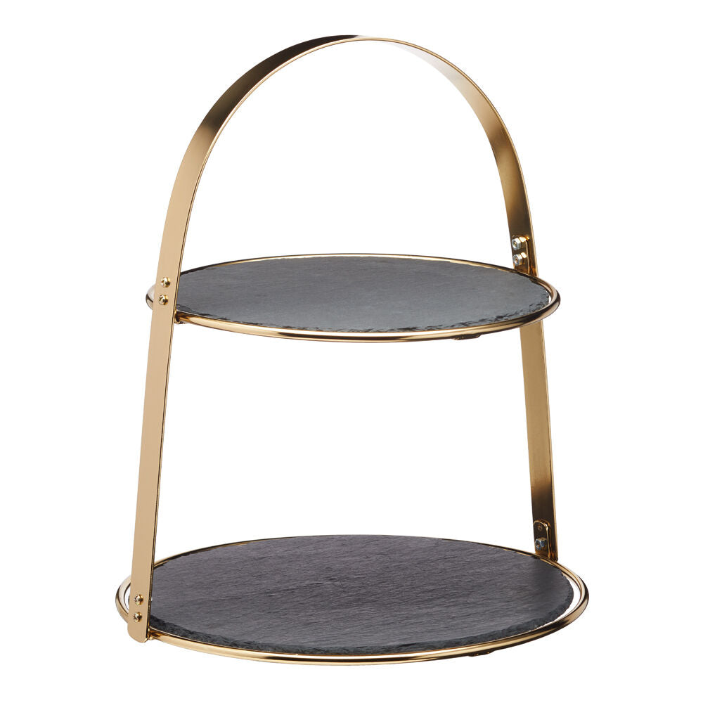 Artesa 2 Tier Brass Cake Dessert Stand With Round Rustic Slate Serving Plate