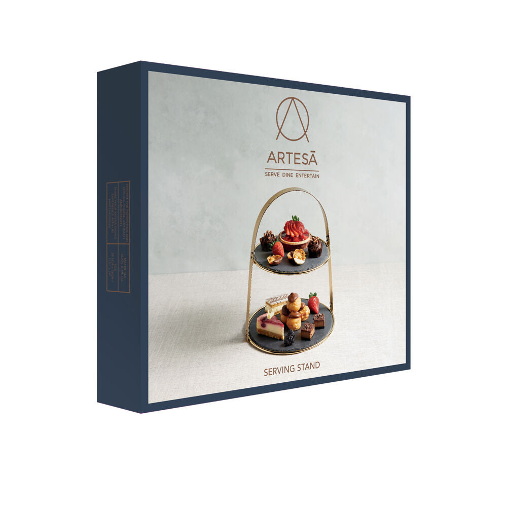 Artesa 2 Tier Brass Cake Dessert Stand With Round Rustic Slate Serving Plate — image 2