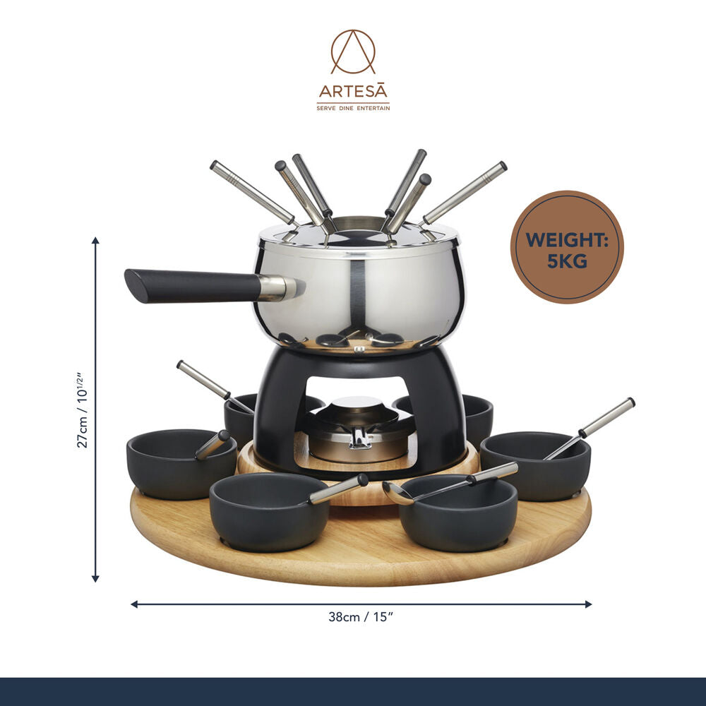 Artesa Six Person Party Entertaining Fondue Set W Wooden Base Serving Bowls — image 4