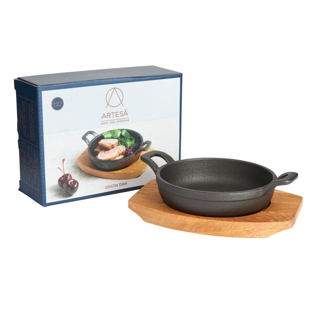 Artesa Cast Iron Mini Gratin Dish/Serving Skillet w/Maple Wood Board 12.5cm (2 Pack) — image 5