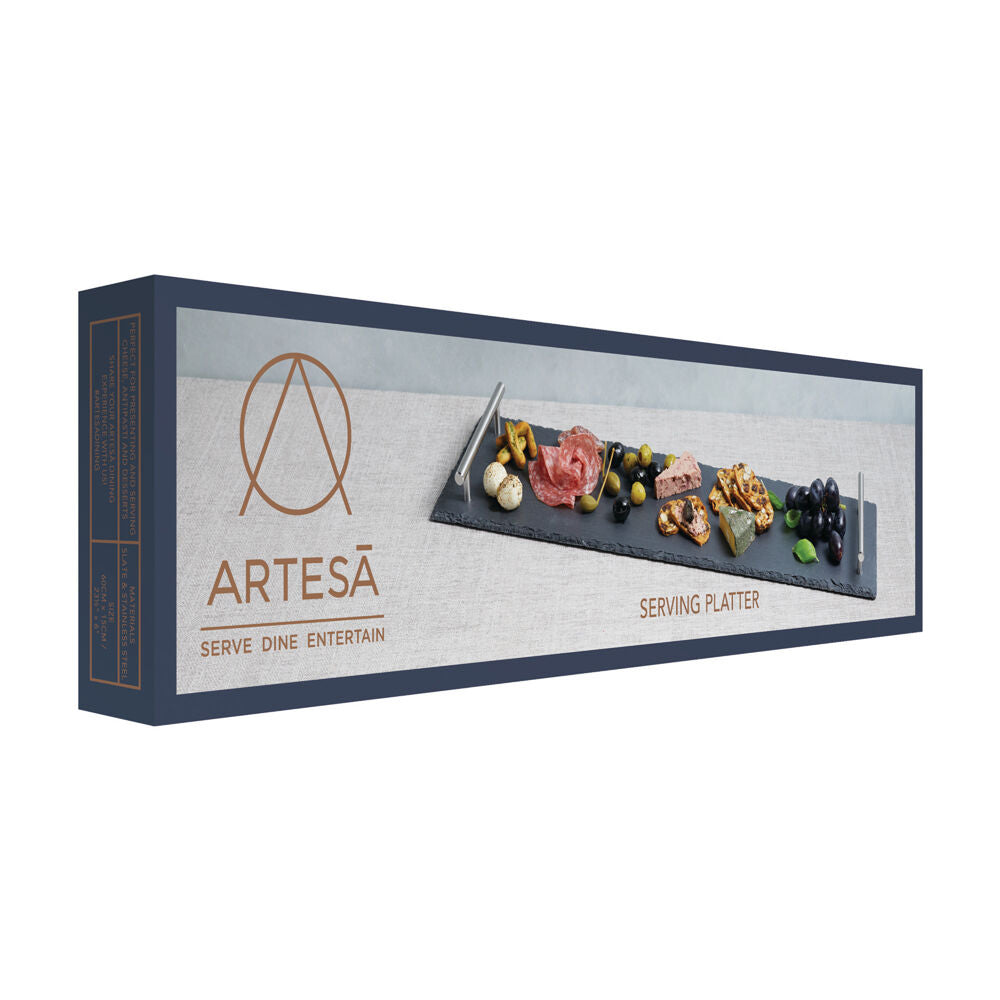 Artesa 60x15cm Rustic Slate Rectangular Serving Platter w/Brushed Brass Handles — image 2