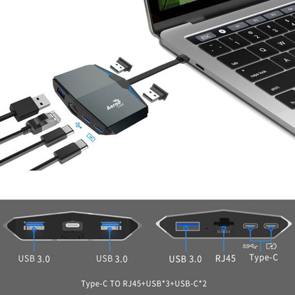 Aerocool Type-C USB Male to Female 2x USB-C/3x USB-A/RJ-45 Ethernet Hub Adapter — image 2