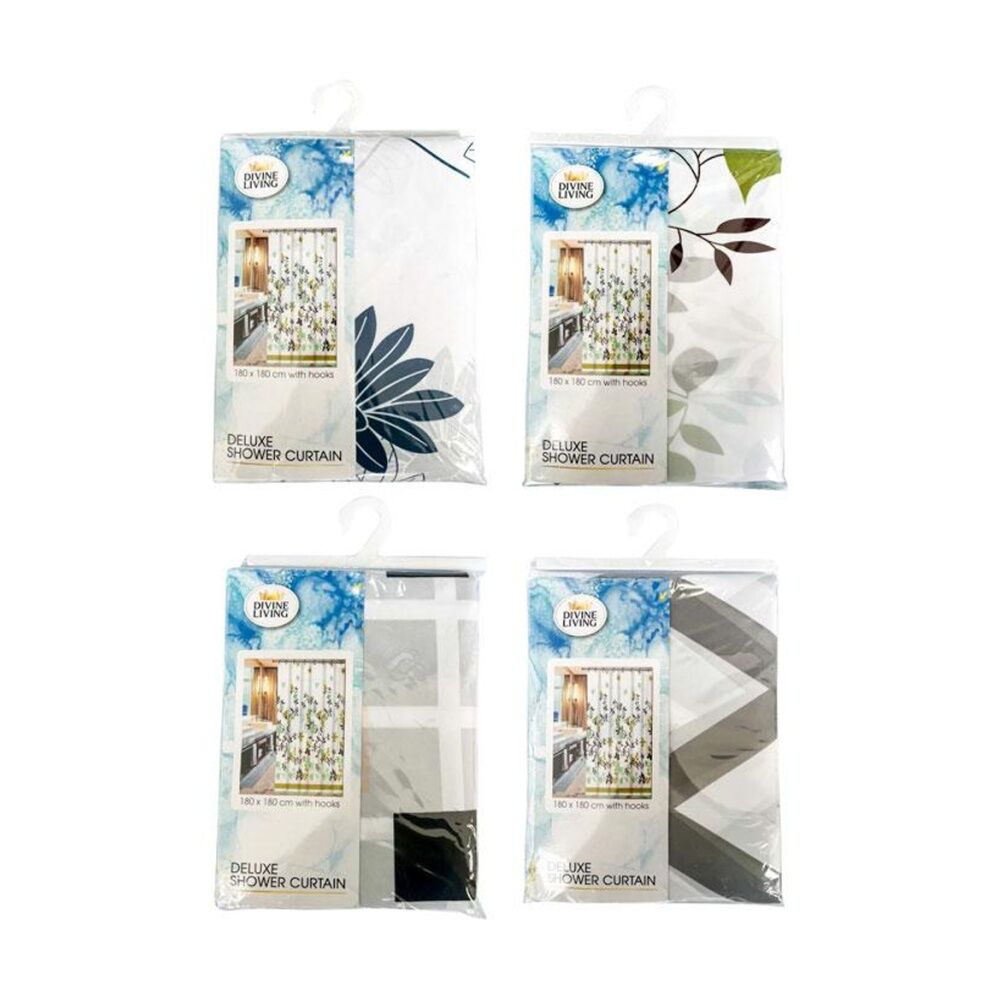 Divine Living 180x180cm Deluxe Shower Curtain w/ Hooks 90gsm Assorted — image 2