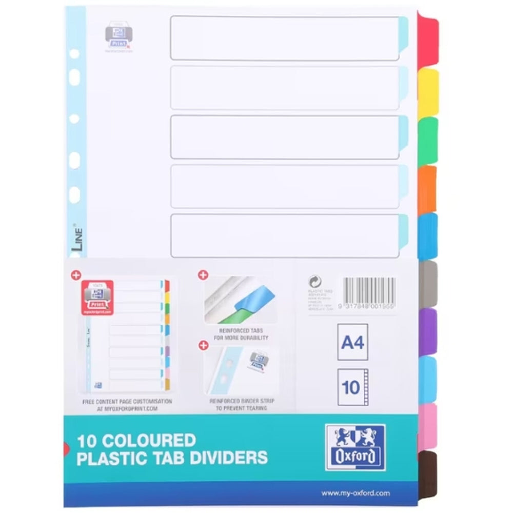 Oxford A4 10 Coloured Reinforced Plastic Tab Dividers File/Paper Organiser