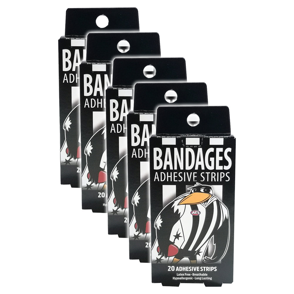Afl 20pc AFL Mascot Bandages Collingwood Magpies Adhesive Strips Breathable 6y+ (5 Pack)