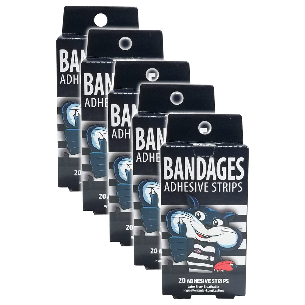Afl 20pc AFL Mascot Bandages Geelong Cats Breathable Adhesive Strips Kids 6y+ (5 Pack)