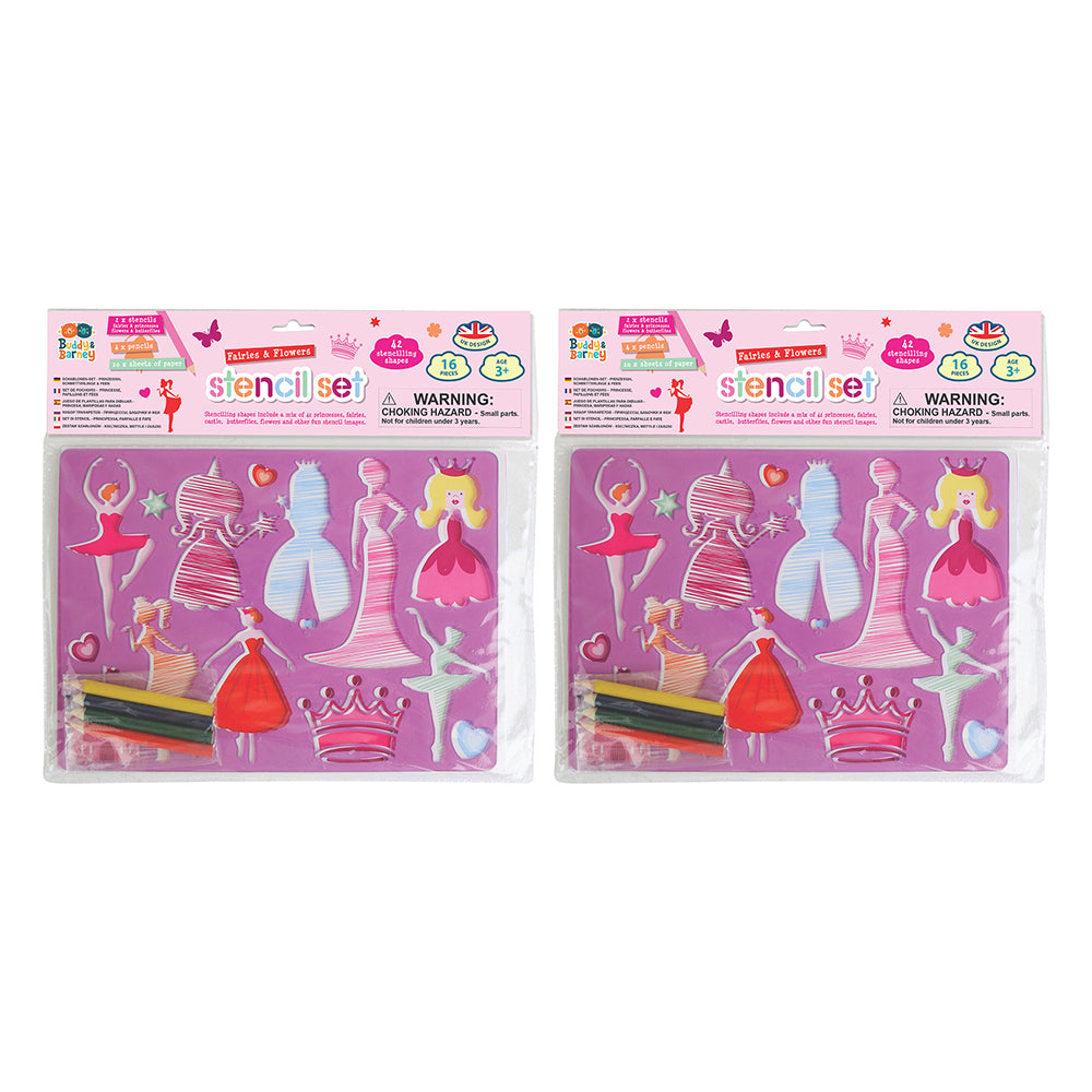 Buddy & Barney Stencil/Pencil Double Pack Fairies/Flowers Kids Art/Craft 3y+ (2 Pack)