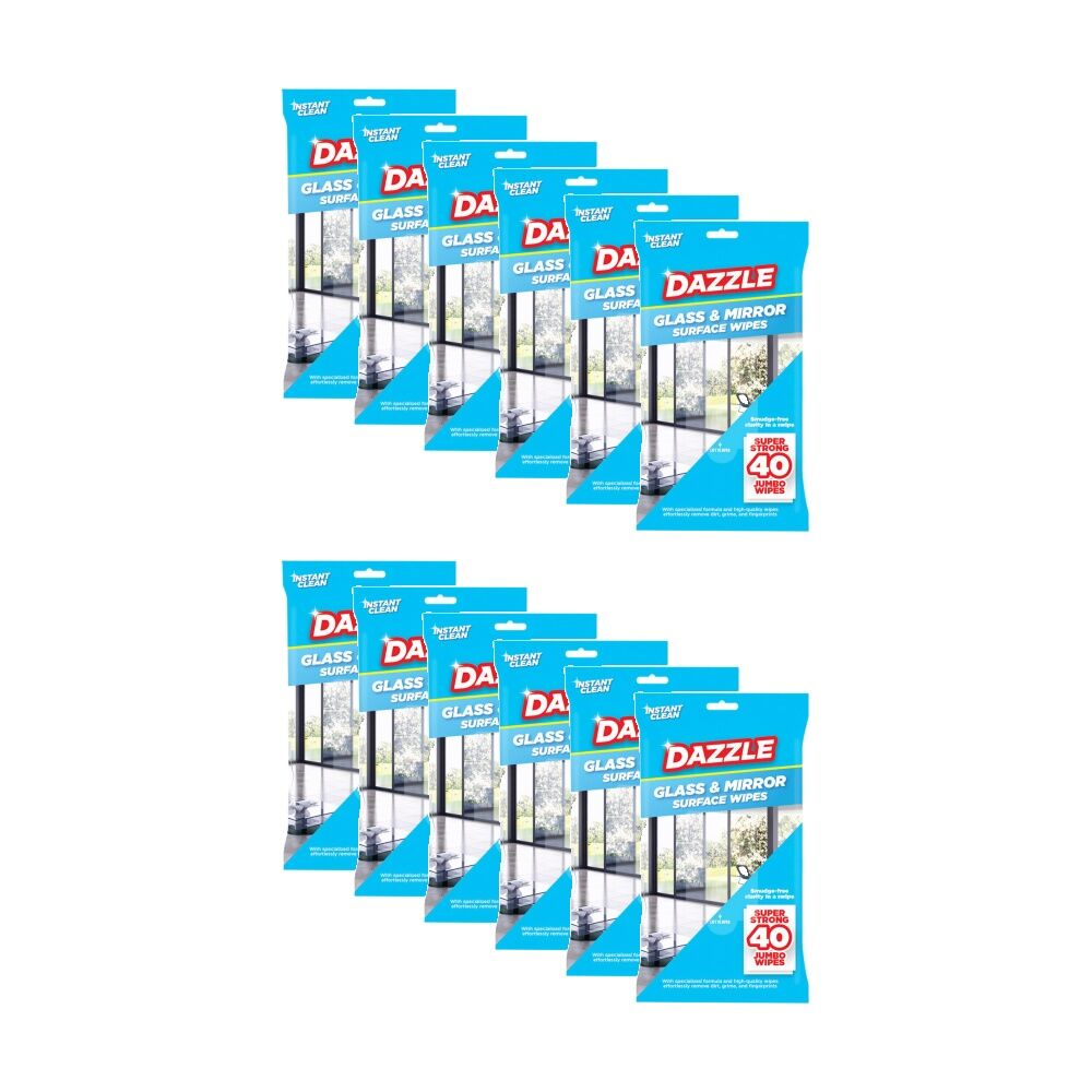 Dazzle 40pc Dazzle Antibacterial Glass & Mirror Super Strong Jumbo Cleaning Wipes (12 Pack)