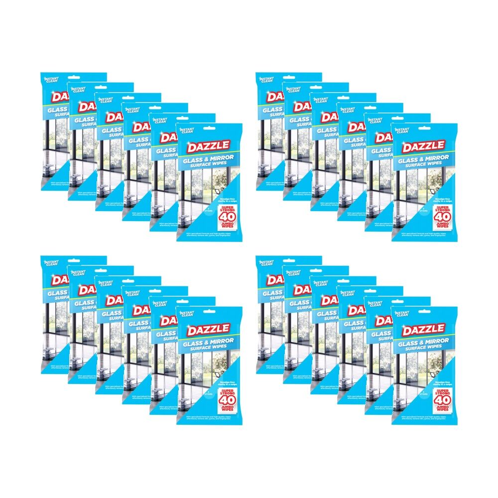 Dazzle 40pc Dazzle Antibacterial Glass & Mirror Super Strong Jumbo Cleaning Wipes (24 Pack)