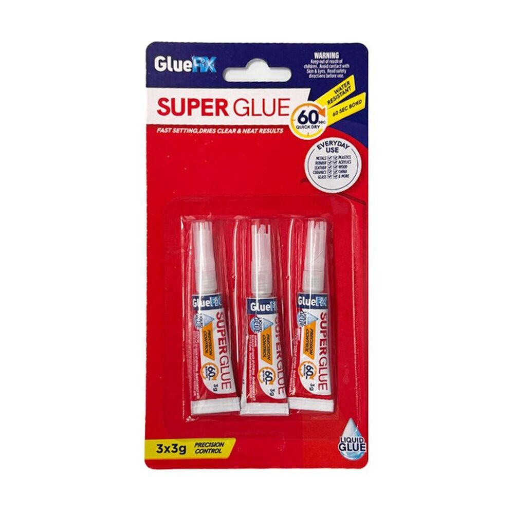 Gluefix Fast Setting Water Resistant Liquid Super Glue 60 Sec Dry 3g (3 Pack)