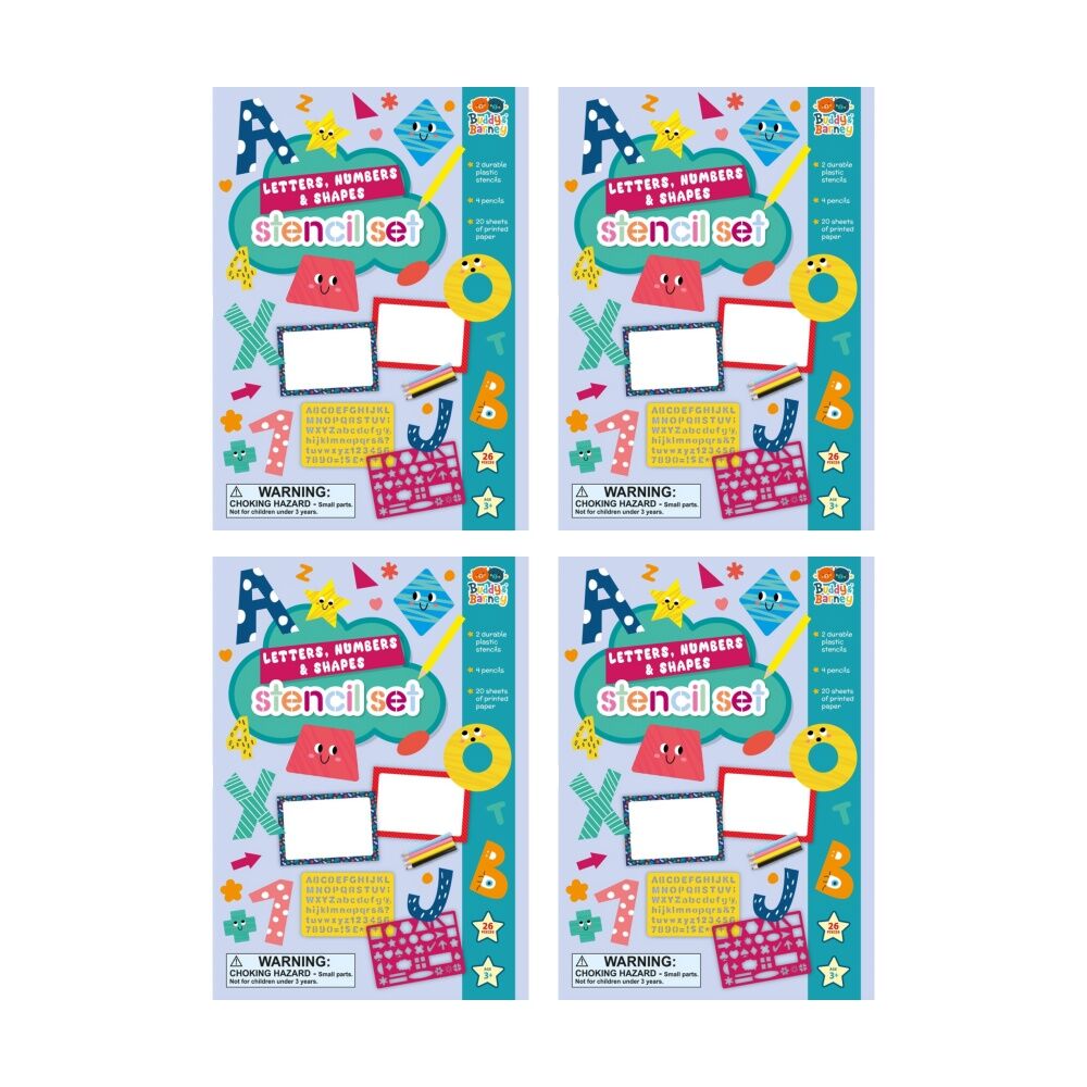 Buddy & Barney 7pc Buddy And Barney Stencil & Pencils Wallet Letters Shapes Numbers Book 3Y+ (4 Pack)