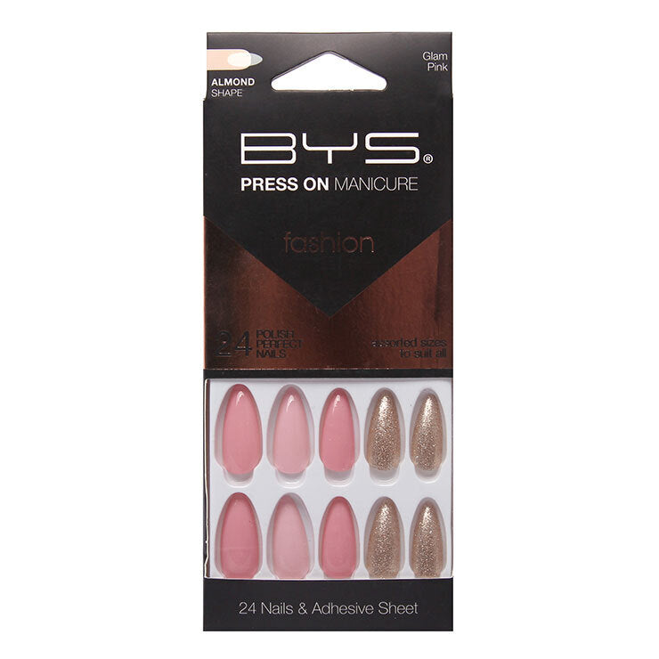 BYS Press On Manicure/Artificial Reusable Glitters Fake Nails Pink Almond (24 Pieces) — image 2