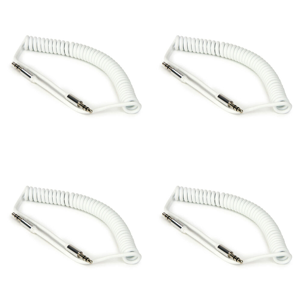 Buddee Coiled Aux 3.5mm Cable Car Stereo 1.5m Audio Lead Cord Male WHT (4 Pack)