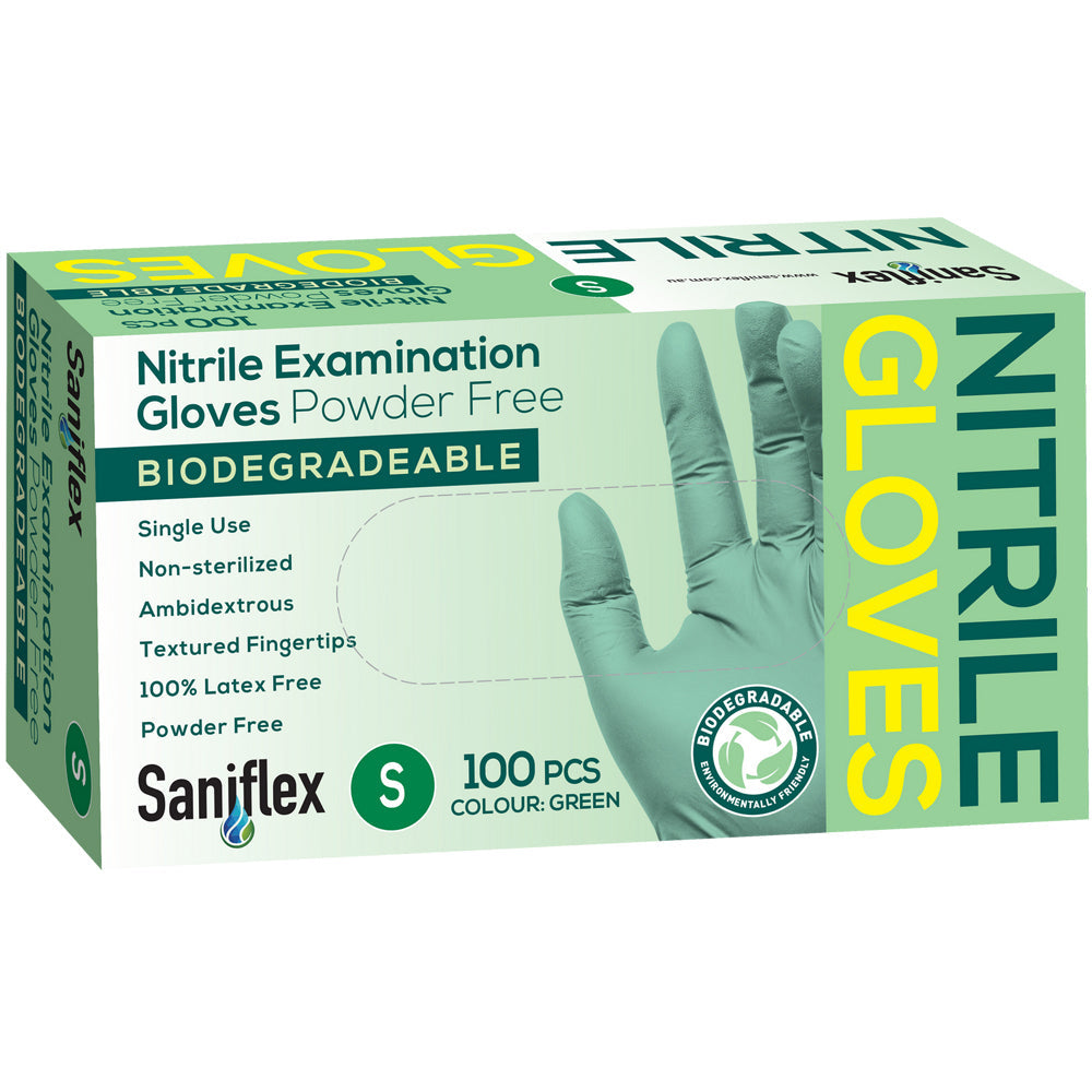 Saniflex Biodegradable Nitrile Gloves Green Size S Home Cleaning Work PPE (100 Pieces)